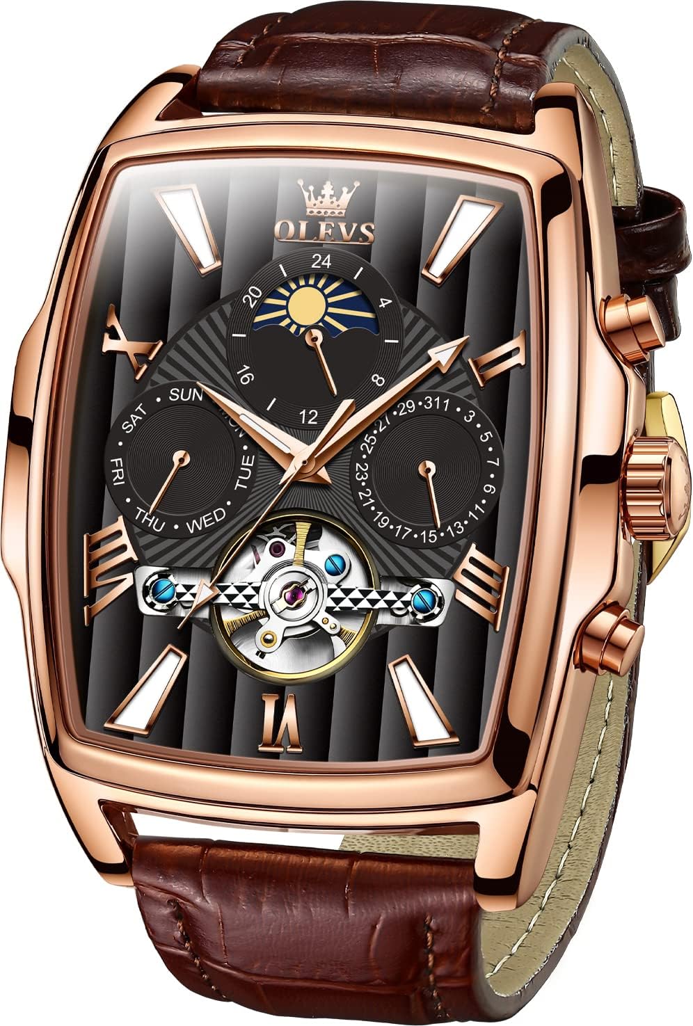 OLEVS Mechanical Dress Mens Watches Square Brown Leather