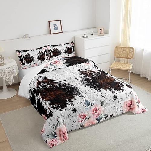 Miniatura 4 de Juego de edredón con patrón de piel de vaca, decoración rústica, tamaño matrimonial, juego de ropa de cama de piel de vaca de las tierras altas de