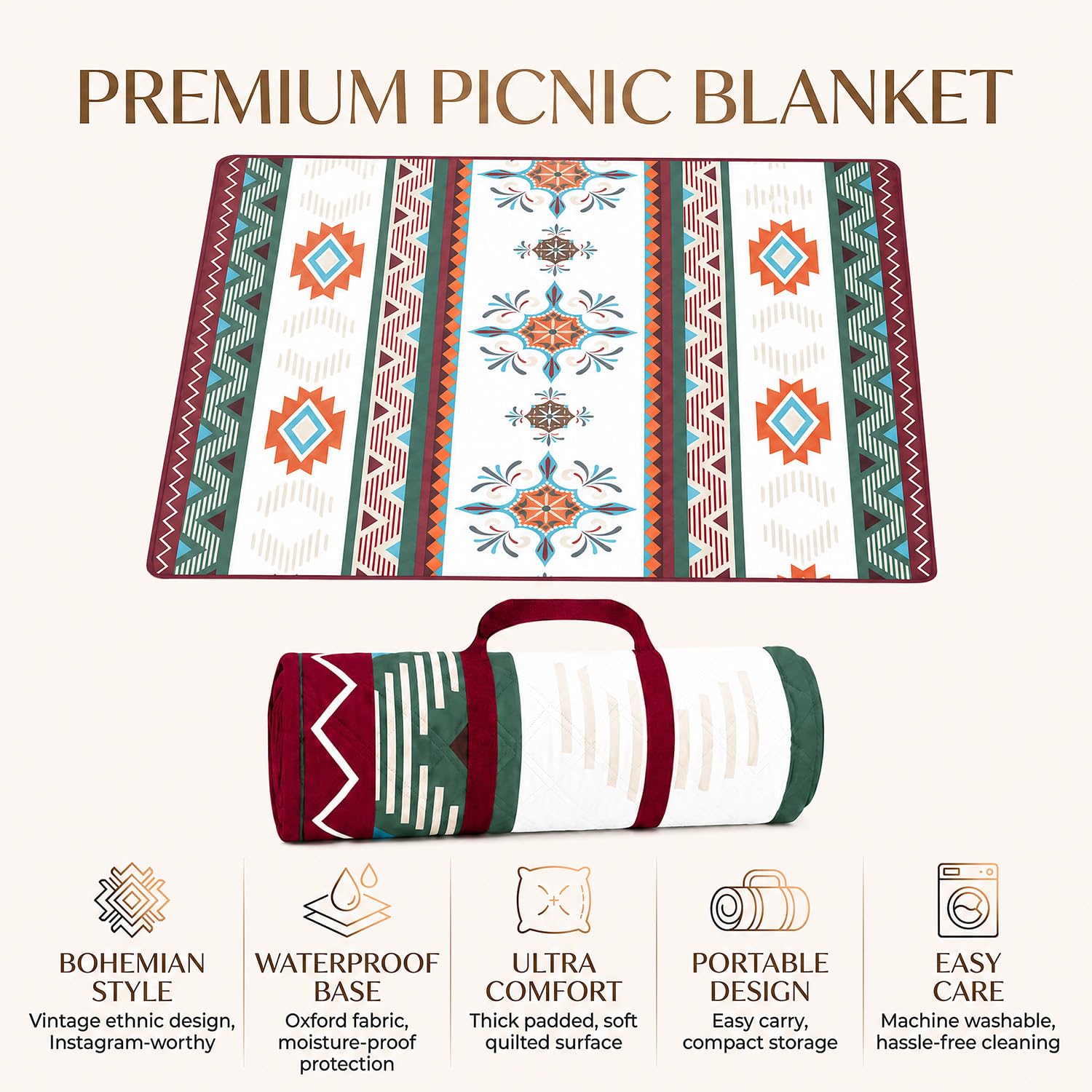 Coperta da picnic impermeabile, 200 x 200 cm, senza sabbia e lavabile, imbottita e portatile, grande per spiaggia, barbecue, escursioni, campeggio, coperta da picnic (Boho)