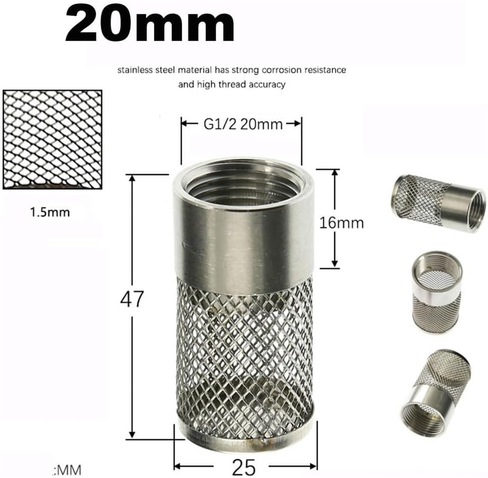 Filtro Flexible de Acero Inoxidable, Filtro de Bomba de Agua de Acero Inoxidable con Rosca Hembra de 1/2, 3/4 y 1 Pulgada for hidrolimpiadoras, riego de Jardines y acuarios.(1/2")