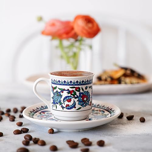 Miniatura 2 de Juego de 2 tazas de café turco con platillos y portavasos, tazas de café de cerámica, perfectas para servir café árabe, patrón blanco y azul