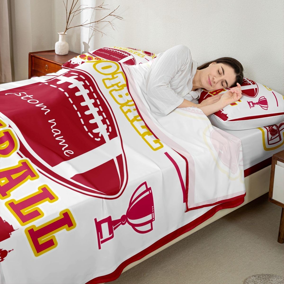 Erosebridal Custom Football Bed Sheets Full Size,Customized Football City Sheets for Sports Fans,Boys Girls Red White Rugby Bedding Set,Ball Competition Flat Fitted Sheet