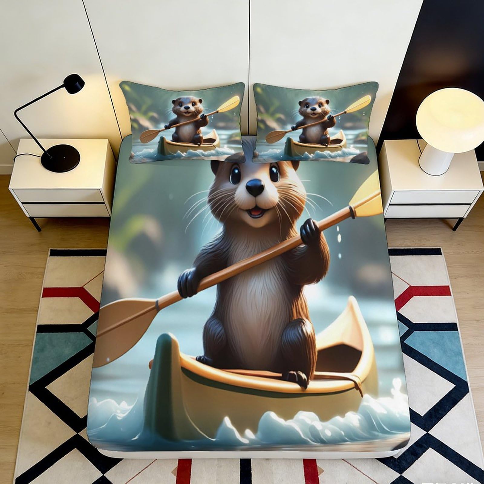 3D Printed Otter Cartoon Fitted Sheet Microfiber Soft Durable 3D Printed Beaver Bed Cover for Bedroom Dormitory Guest Room Mattress Protection 140x200x25cm