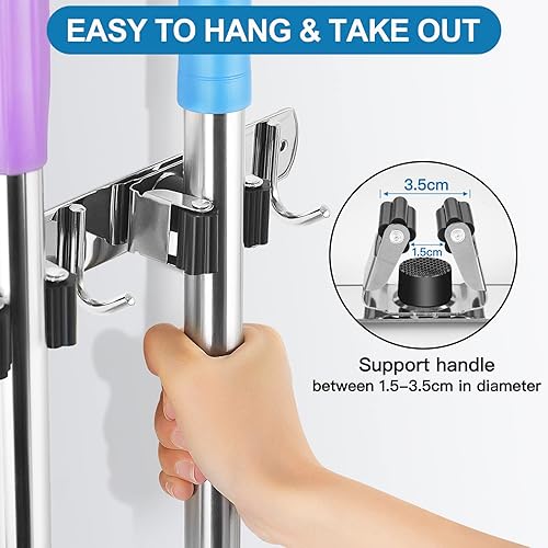 Miniatura 3 de IMILLET - 2 Soportes de Pared para Escobas Montados, Soporte de Acero Inoxidable para Escobas y Fregonas con Ganchos Autoadhesivos y Resistente,