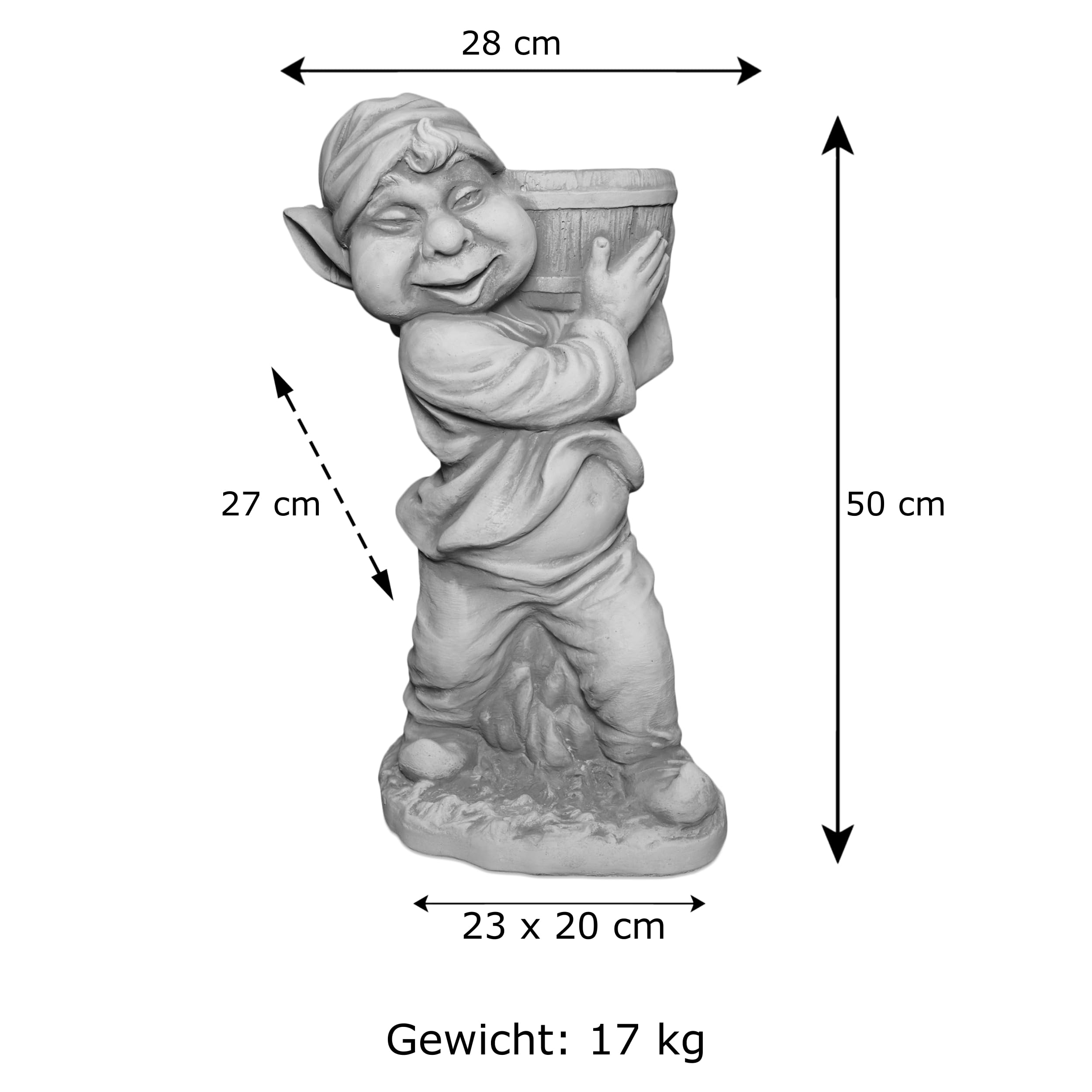 gartendekoparadies.de Gnom mit Pflanzgefäß, Steinfigur Wichtel, H. 50 cm, 19 kg, Grau, frostsicher aus Steinguss für Außenbereich