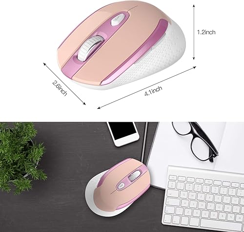 Miniatura 3 de Cimetech Ratón óptico ergonómico inalámbrico, 6 botones, silencioso con receptor USB y 3 DPI ajustables para laptop, escritorio, Mac, PC, color rosa