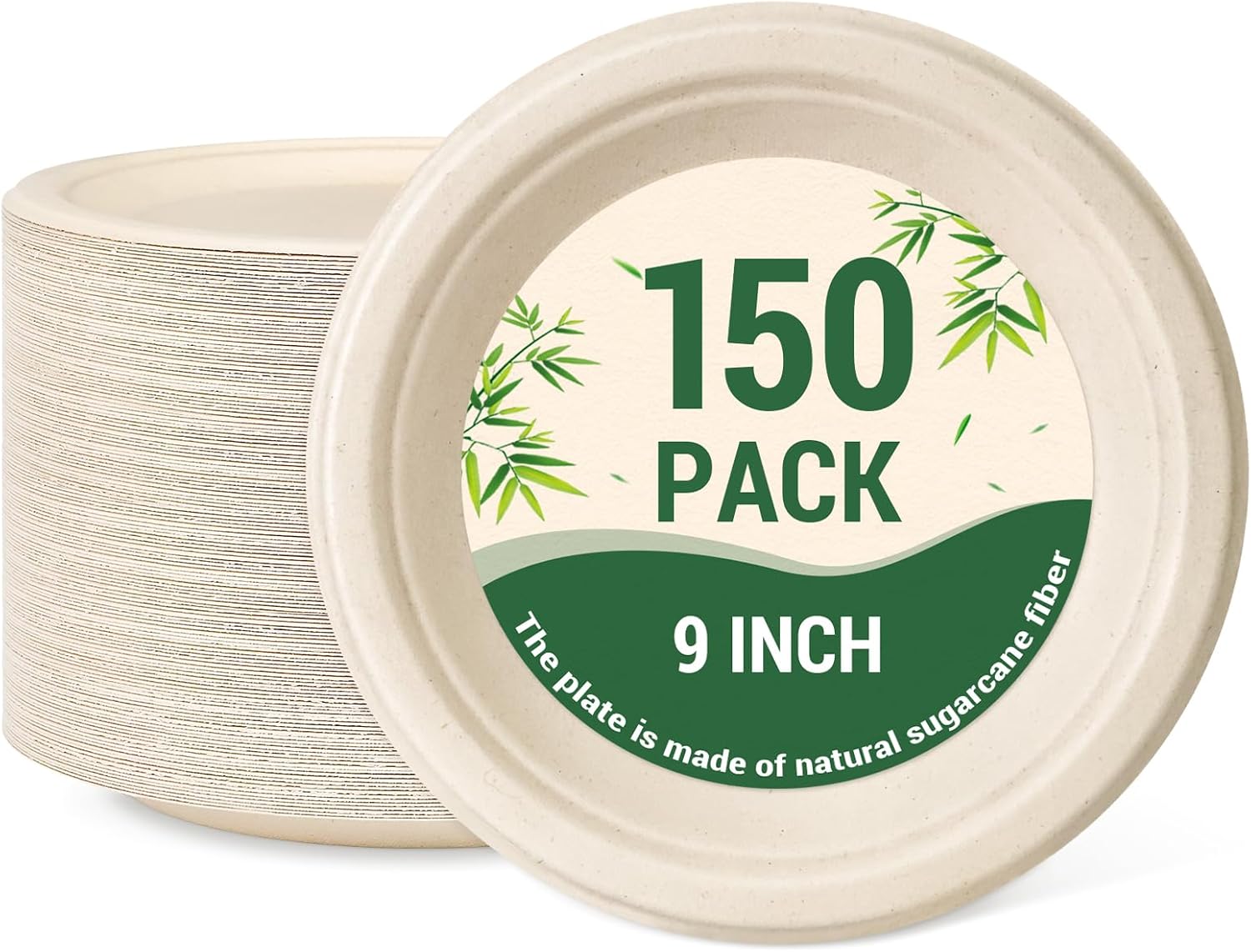 LANLISA 150 Pack Compostable Paper Plates 9 inch, Plates Disposable Heavy Duty for Party, Biodegradable Bagasse, Brown