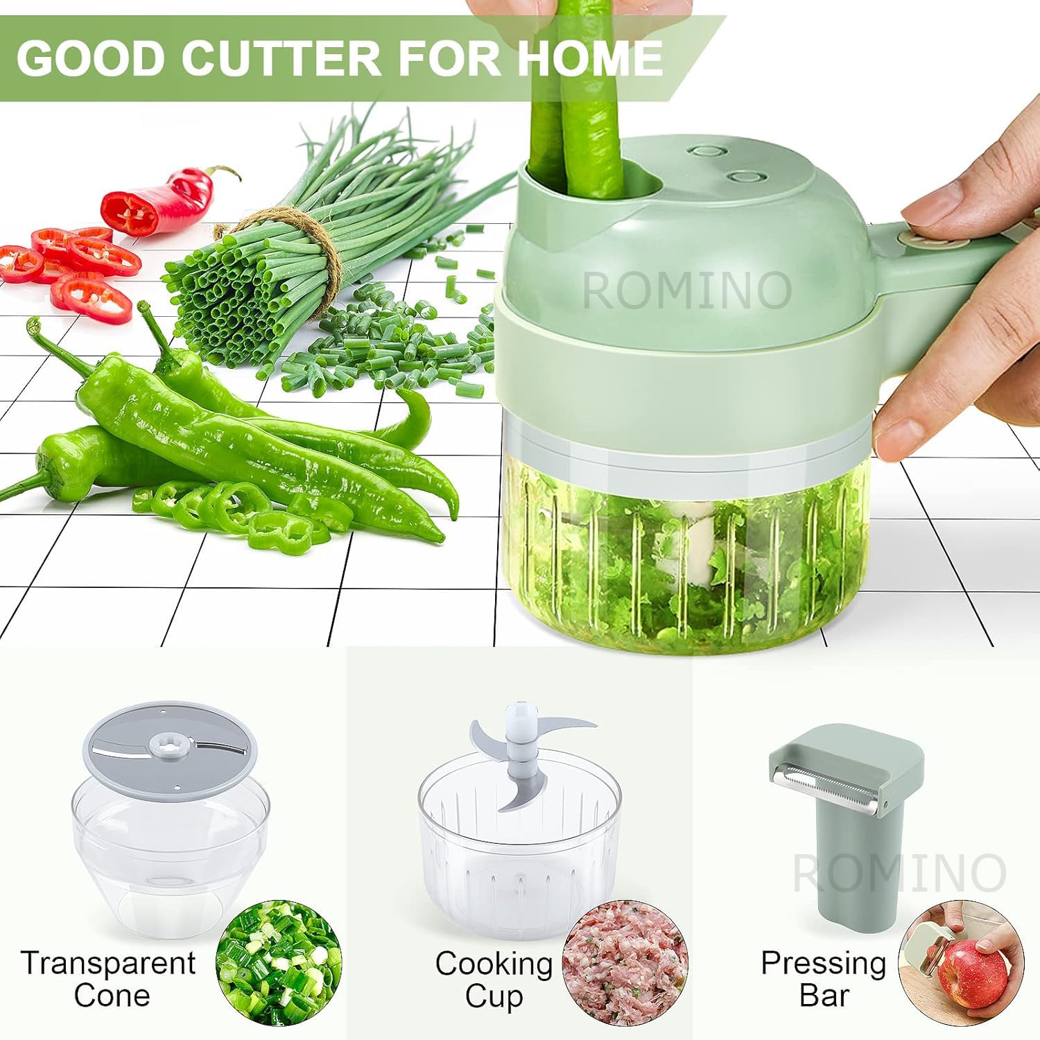 ROMINO 4-in-1 Electric Vegetable Chopper and Cutter for Kitchen, Multifunctional Wireless Food Processor Machine to Chop, Mince, Dice, Whisk for Vegetables, Herbs, Spices & Mint (Multi) 6 71VfJsfre1L. SL1500