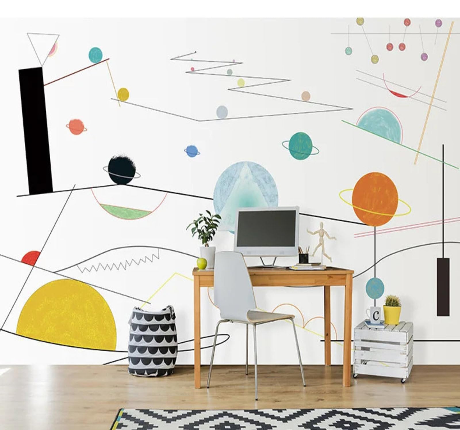 Tzxztt Abstract Cartoon Minimalist Lines Planet Modern 3D Wallpaper Premium Textured Silk Neutral Tones Material Ideal for Living Room Bedroom-400cm×280cm