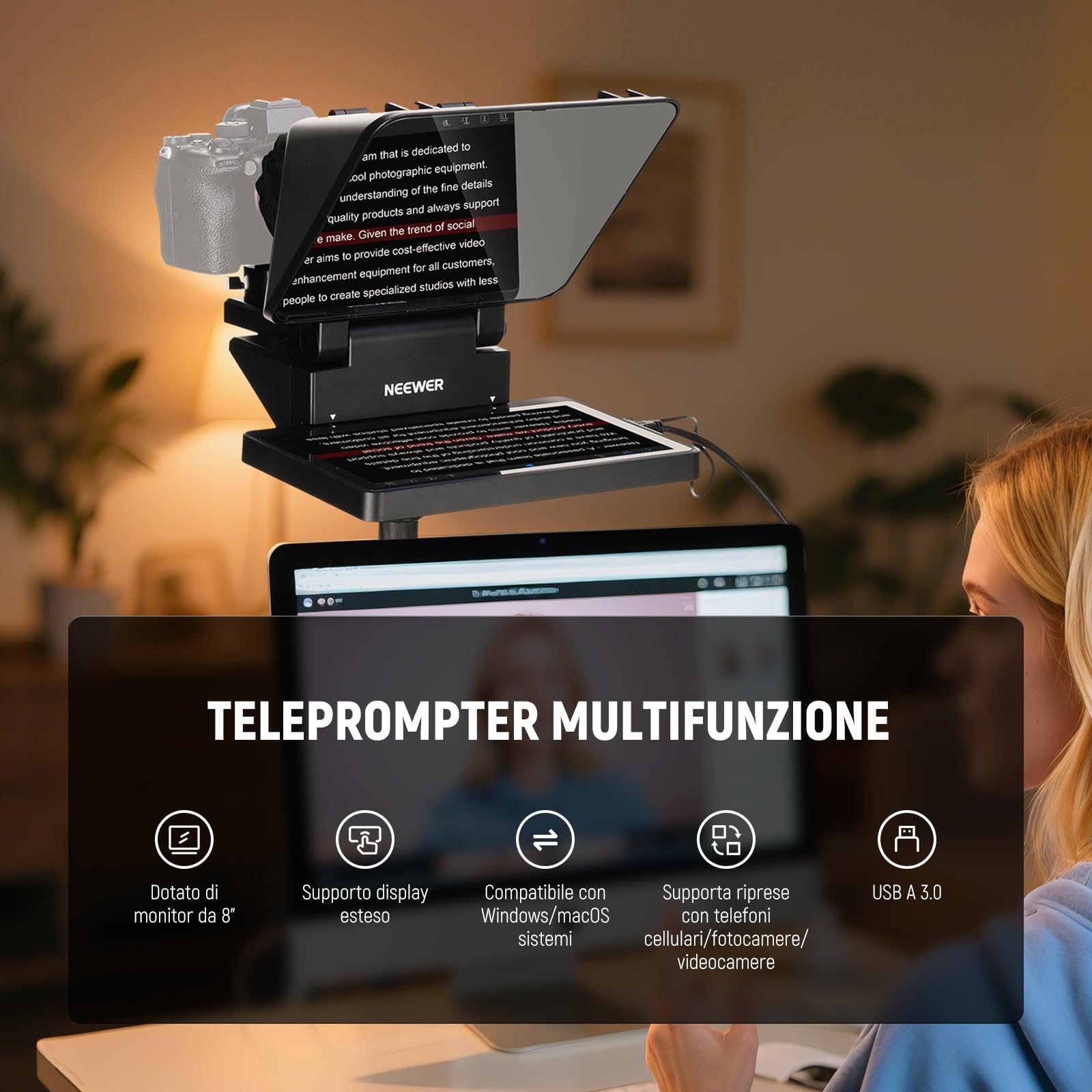 NEEWER Teleprompter 2in1 11" Aggiornato con Monitor per Windows MacOS, Supporta Mirroring Schermo, Prompter Portatile per Fotocamera Phone Webcam per YouTube Twitch Streaming Videoconferenza, X11