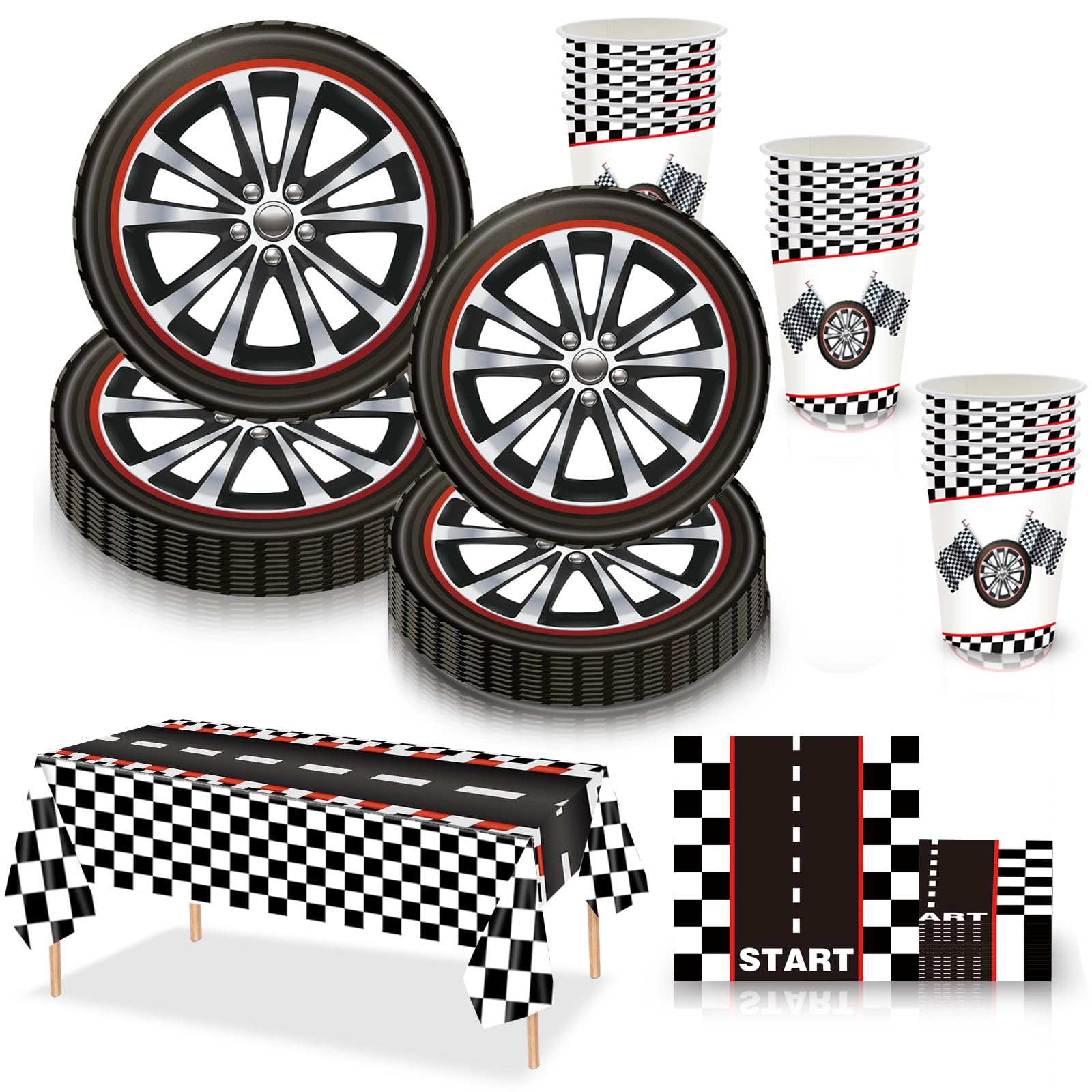 69Pcs Racing Car Party Tableware Disposable Dinnerware Set,Car Wheel Tableware Black Checkered Plastic Tablecloth,Paper Plates Napkins and Cups for Boy Kids Car Themed Birthday Party Table Decorations — image 1
