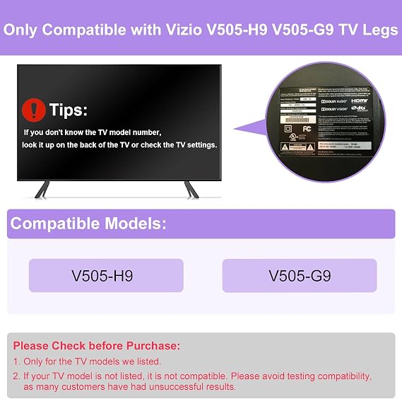 Vizio TVスタンド用テレビスタンド脚、Vizio V505-H9 V505-G9のみ、他のテレビモデルには使用できません。Vizio 4K Ultra HD 2160P HDRスマートLEDテレビ脚ネジセット&説明書付き