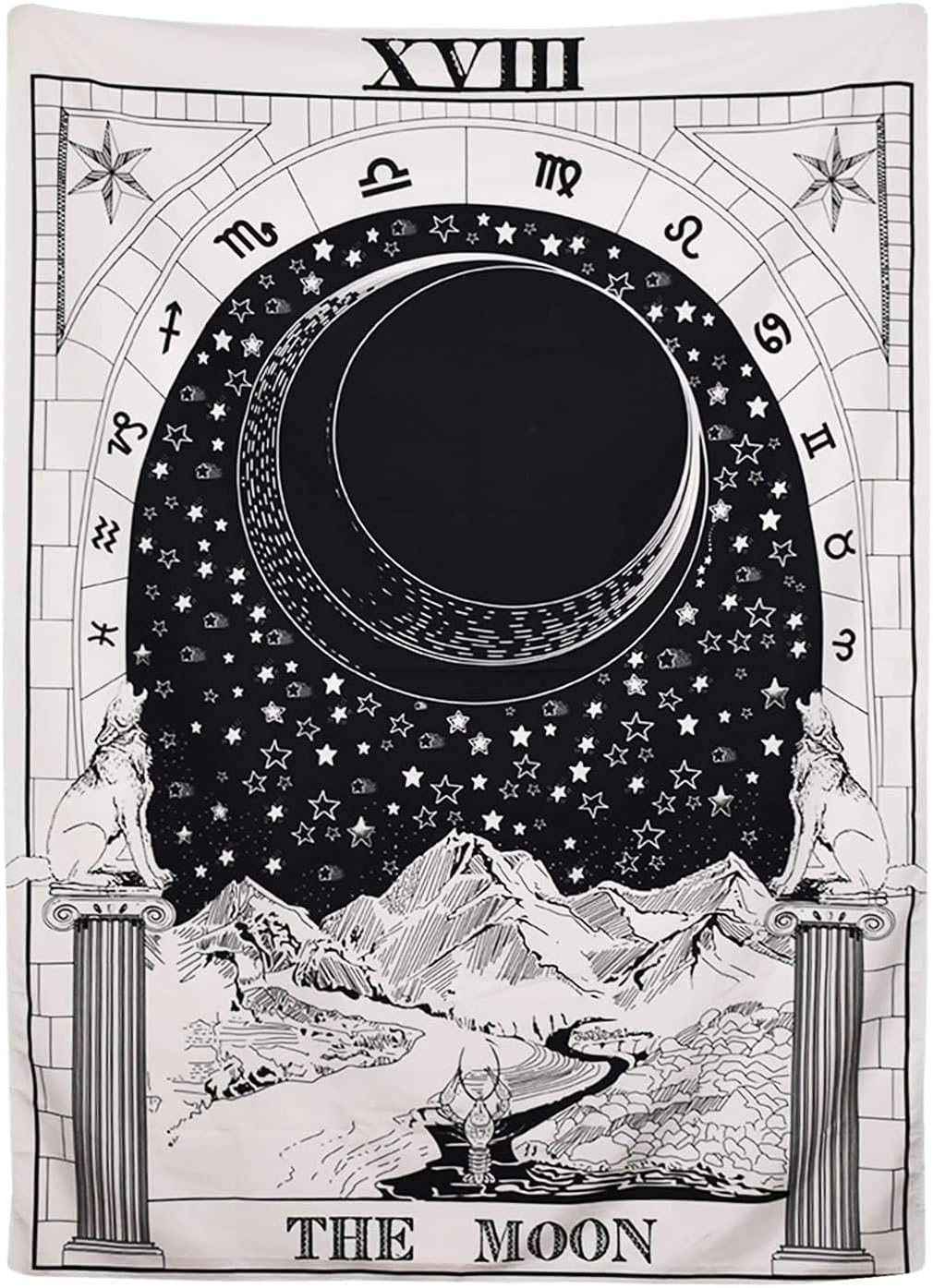 Black Moon Tarot Tapestry, The Moon The Star The Sun Tapestry Wall Hanging Medieval Europe Divination White and Black Wall Decor Large
