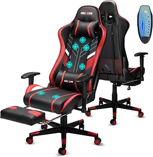 Douxlife Gaming Stuhl, mit 7 Punkt Massage, Fußstütze, Ergonomischer Bürostuhl, 90-175° Rückenlehne Einstellbar, Verstellbare 2D Armlehne, PC Gamer Stuhl Schreibtischstuh, 150-180KG, Schwarz Rot