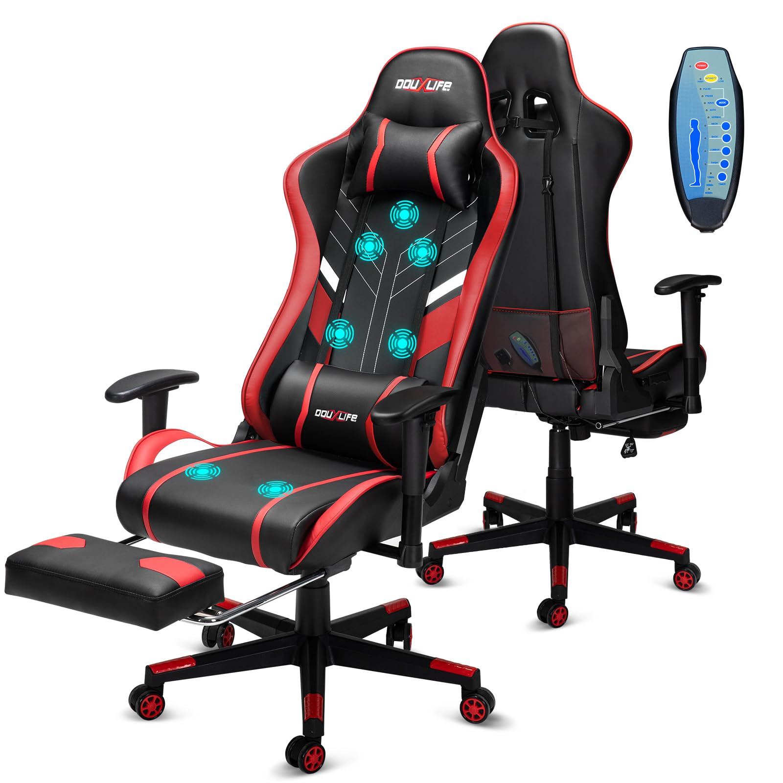 Douxlife Silla Gaming con Masaje de 7 Puntos, Silla de Oficina Ergonómica, Respaldo Ajustable 90-175°, Pasamanos 2D Ajustables, Capacidad de Carga 150-180 Kg, Negro Rojo