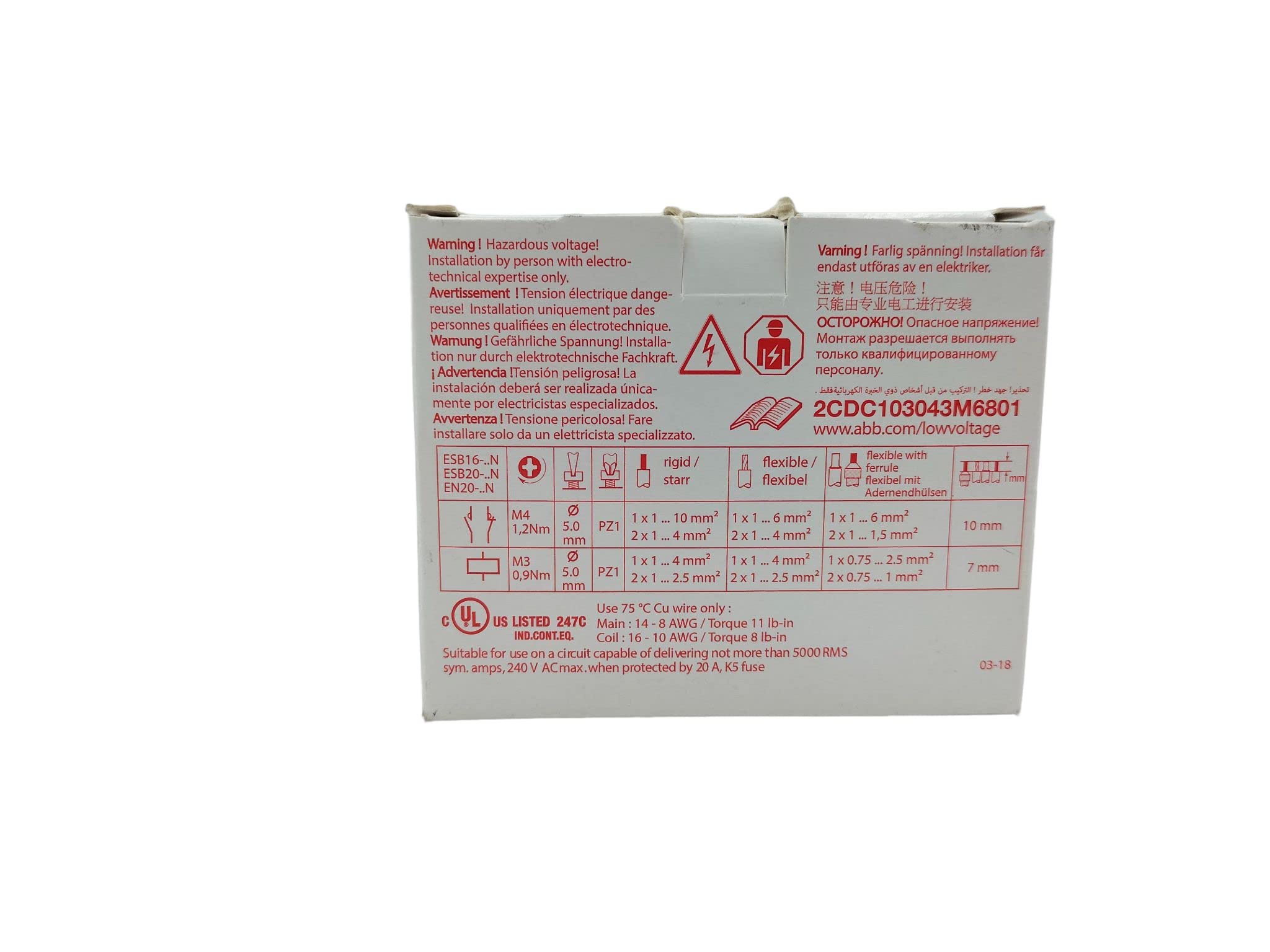 RASMACOR | Contactor modular ABB ESB20-20N-06 | Contactor mudular 2P 20A 2NA 230AC/DC | 18x85x65mm | Durabilidad mecánica:1000000 cycle