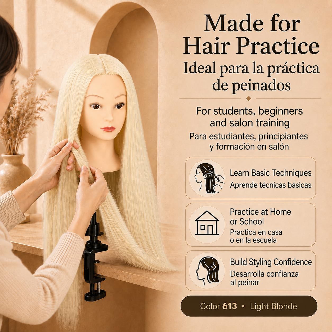 Cabeza de Maniquí para Peluquería, Cabello Sintético 60 cm/24" Resistente al Calor con Soporte, Cabeza de Prácticas para Peinados y Cosmetología (613 · Rubio Claro)