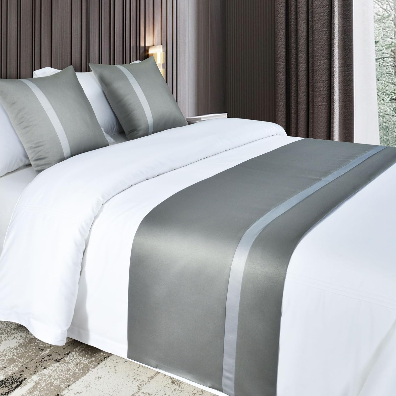 QRGMKL Silky Soft Bed Runners Solid Color Bed Scarf Bed Runner for Foot of Bed Contrast Color Bedspread Hotel Bedding Protector-Gray||180X50cm for 1.2m Bed