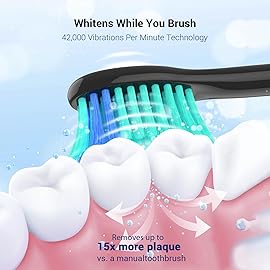 BAOVERI Sonic Electric Toothbrush for Adults and Kids - Wireless Rechargeable Toothbrush, 6 Brush Heads - 5 Brushing Modes with 3 Intensities - 42000 VPM Motor - Charge Lasts Up to 60 Days