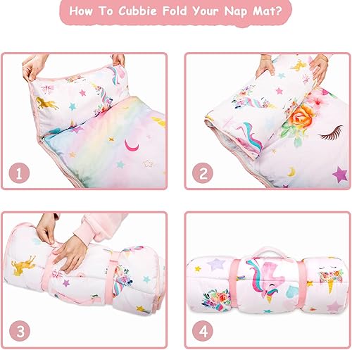 Miniatura 7 de Tapete para siesta para niños pequeños con almohada extraíble y manta suave de lunares Minky Pea Pod Kids de unicornio, bolsas de dormir enrolladas