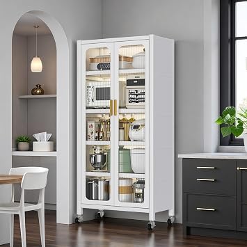 Spaco 65" Kitchen Pantry Storage Cabinet,5 Tiers Food Pantry Cabinet with Adjustable Shelves & Transparent Door,Metal Display Storage Cabinet on Wheels for Kitchen,Living Room and Dining Room. White
