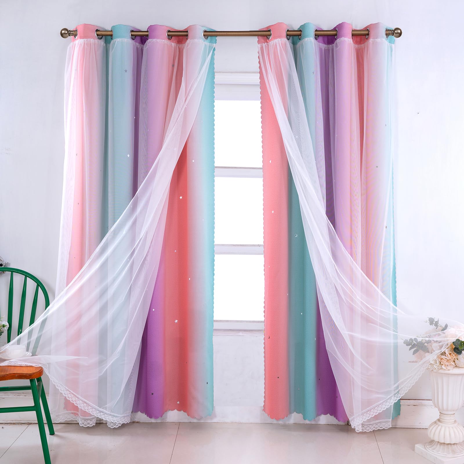 OKYUK Kinder-Verdunkelungsvorhänge mit bunten Sternen - Maschinenwaschbare Vorhänge für das Mädchenzimmer, die Geräuschreduzierung bieten und dekorativ sind (Grün-Rosa-Lila, 52" L x 102" W)