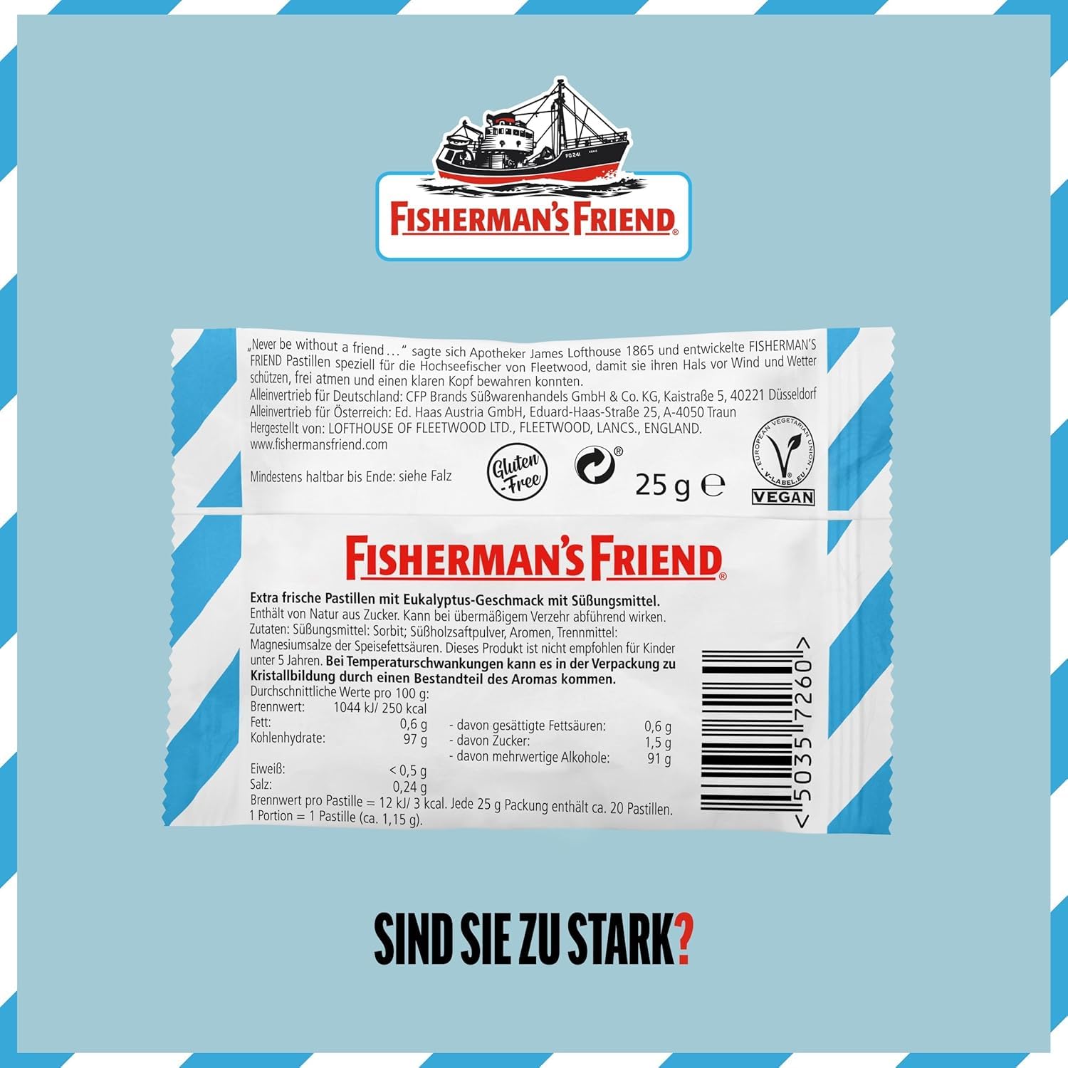 Fisherman's Friend Eucalyptus, 24er Vorratsbox, Eukalyptus und Menthol Geschmack, ohne Zuckerzusatz & vegan, Bonbons für frischen Atem, 24 x 25g