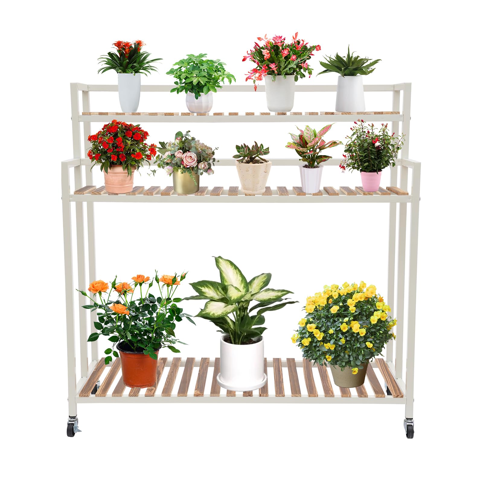 Estantería para plantas de tres niveles, soporte para flores portátil con 4 ruedas y 120 kg de capacidad de carga para balcón, jardín, terraza, 100 x 40 x 102 cm, negro