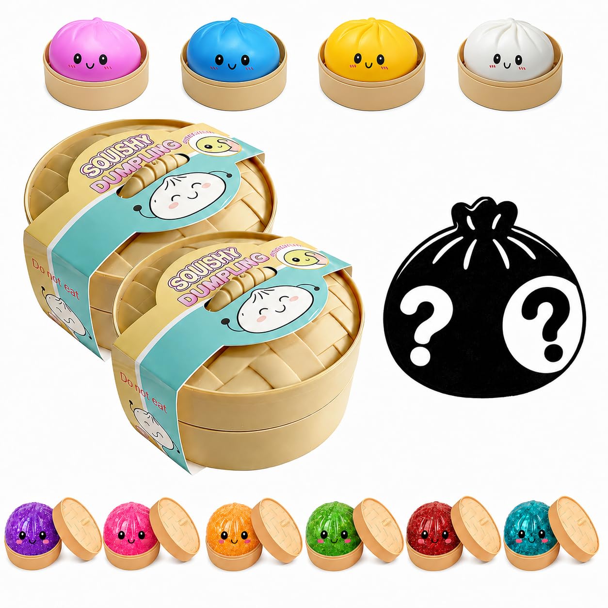 Mystery Squishy Dumplings 2 Pacchi Giganti con Glitter e Vaporiera – Giocattoli Sensoriali Soft Slow-Rise, Regalo Antistress, Idea Divertente per Bambini e Collezionisti, senza duplicati
