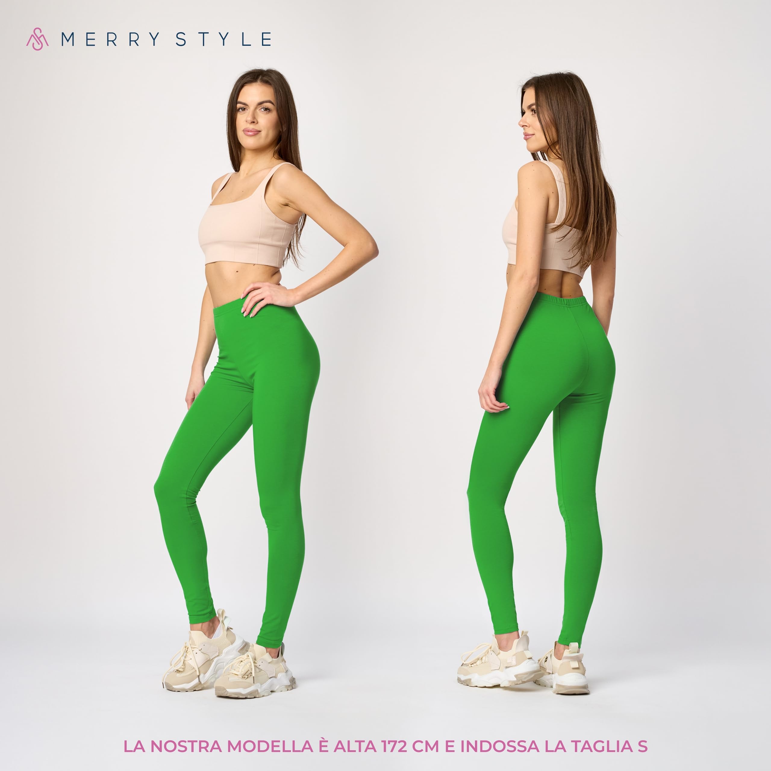 Merry Style Lunghi Leggings Fuseaux Sportivi da Donna Pratico Modello a Vita Alta in Cotone Naturale MS10-198