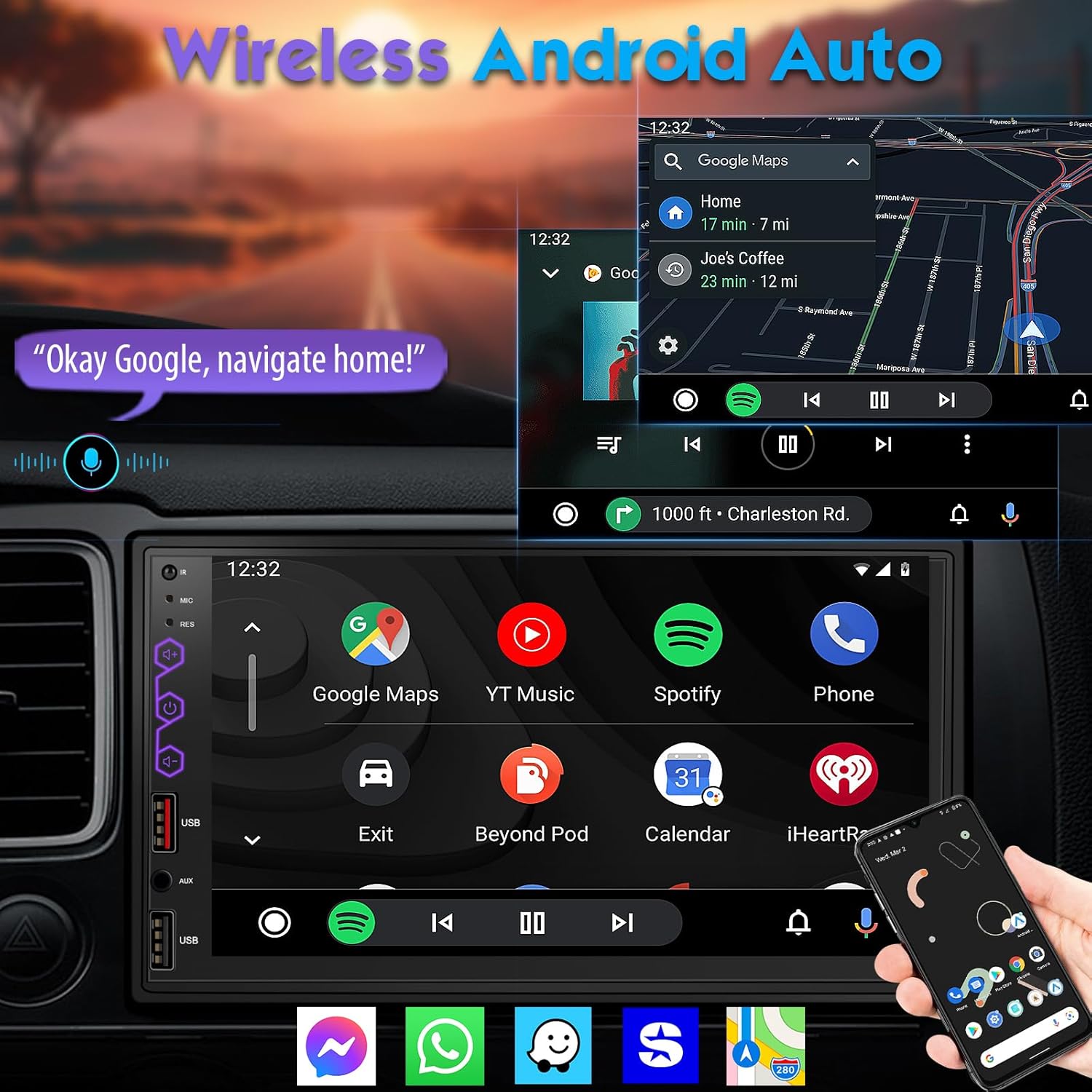 7" Double Din Car Stereo with Wireless CarPlay & Android Auto, Built-in DSP Exclusive, 240W Hi-Power Audio, Full View Touchscreen, Bluetooth 5.3, FM/AM Radio, Steering Wheel Control, Auto Backup Cam