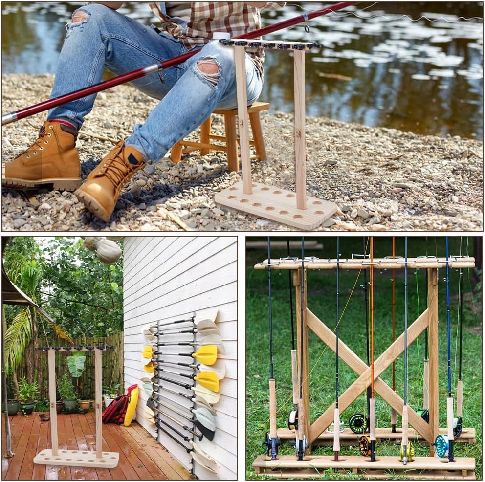 UNICRAFTALE Fishing Rod Storage Racks Holds Up to 14 Rods Wood Floor Stand Fishing Pole Holders for Wall & Garage Ceiling Mount Portable Fishing Rod Organizer for Reels and Accessories