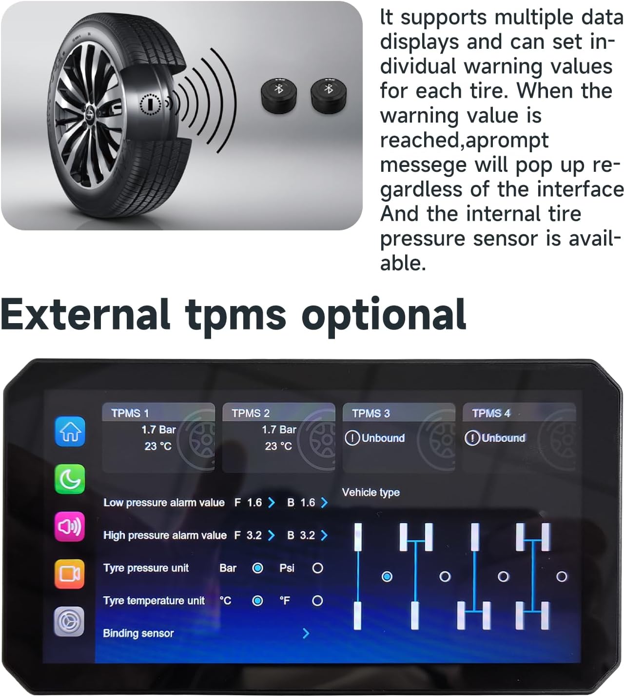 AlienRider M2PRO-201 screen displaying real-time tire pressure and temperature data
