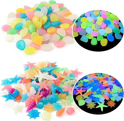 LUEYAO Piedras luminosas de colores, conchas brillantes, caracolas y estrellas de mar para decoración del hogar, oficina, acuario, paisajismo, 200