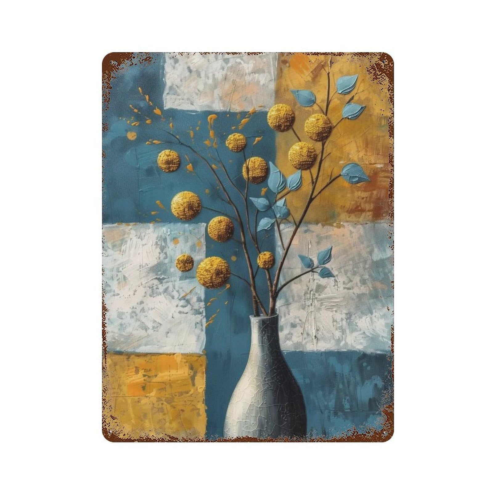 WUJHGRSG Impasto Abstract Geometric Golden Blooms 02 Wall Art Retro Iron Vintage Metal Tin Sign Poster Modern Decor for Home Cofffee Club Bar Shop Style 40x30cm