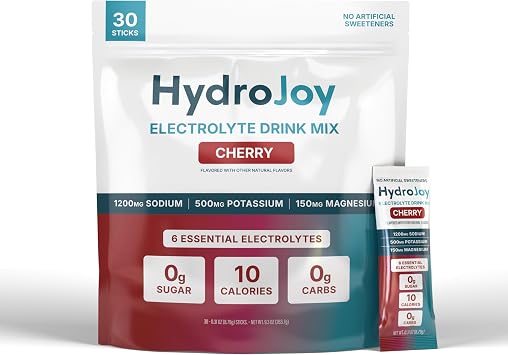 HydroJoyTM Hydration Stick Packs | 3,127MG Electrolytes Per Serving | 6 Essential Electrolytes | 1,200MG Sodium | Sugar-Free | Cherry | 30 Servings