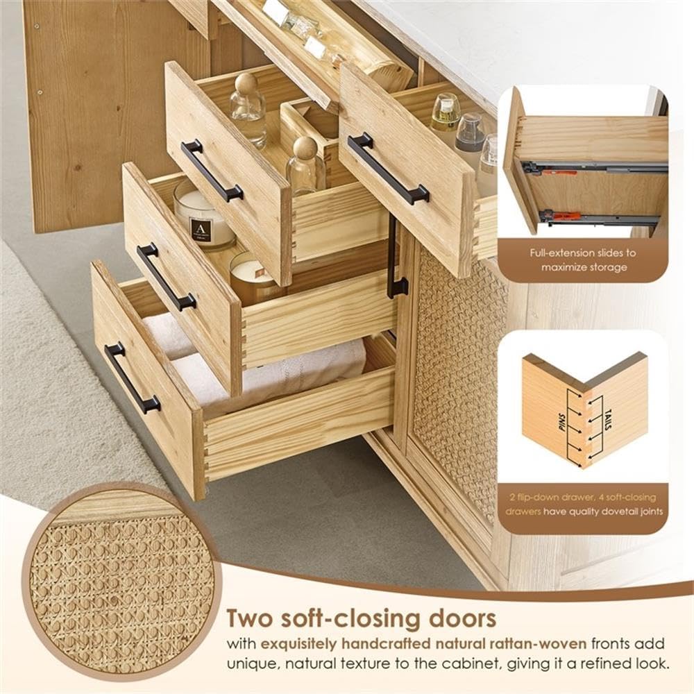 Pemberly Row 72" Bathroom Vanity, Weathered Fir Finish, Solid Wood Cabinet, Stone Countertop, Double Ceramic Sinks, Rattan-Woven Fronts, 6 Drawers, Mid-Century Style, Includes Backsplash and