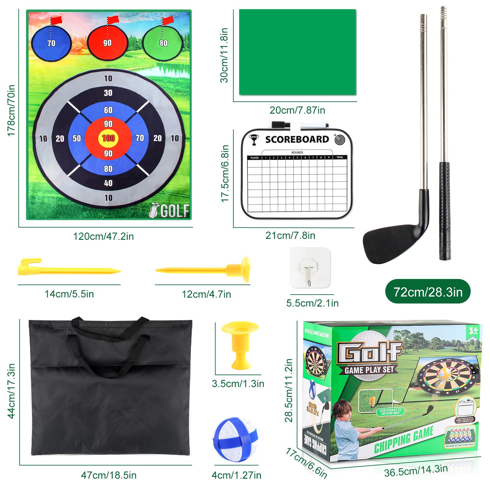 IEEILULU Tapis D'entraînement de Golf, Ensemble de Jeu 178 x 120cm Avec Club, Balles et Tableau D'affichage, Pour l'intérieur l'extérieur Enfants Adultes