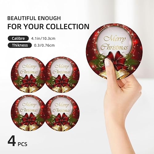 Miniatura 3 de Juego de 4 posavasos rojos de Navidad para bebidas, diseño de árbol de Navidad, juego de 4 posavasos de cerámica absorbentes para mesa de café,