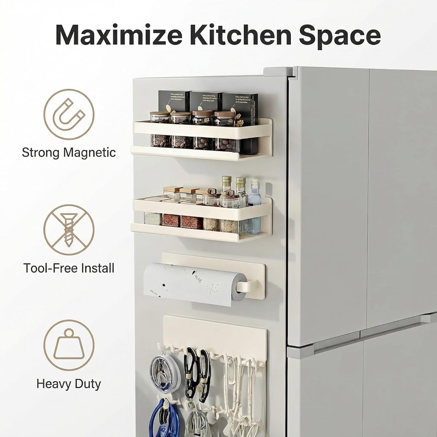 Metal 4 Pack Magnetic Shelf Include Magnetic Spice Rack for Refrigerator,Magnetic Paper Towel Holder,Magnetic Hooks for refrigerator Space-saving design,Small Space Organization (white)