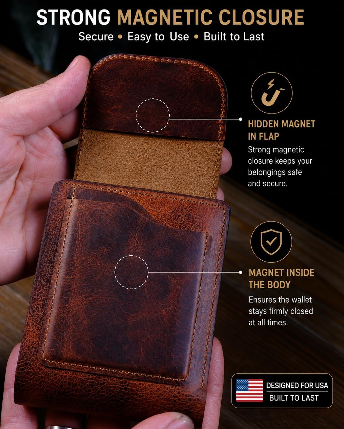 Men’s Leather Wallet with Magnetic Closure, High Capacity Bifold Wallet for Men, Multiple Card Slots & Cash Pocket, Slim Genuine Leather Wallet, Brown image 3