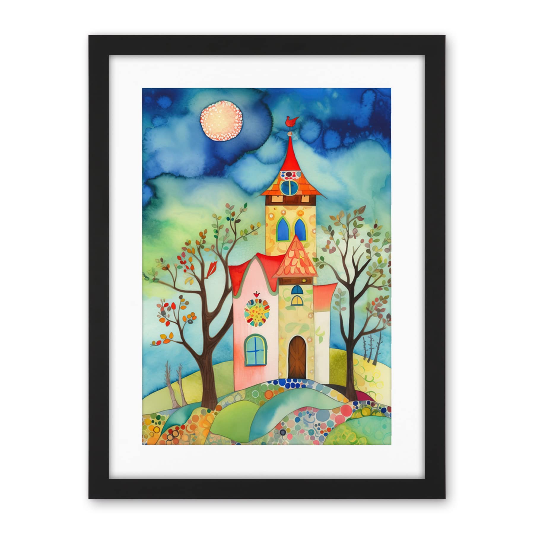 Artery8 Countryside Chapel Folk Art Watercolour Painting Artwork Framed Wall Art Print 18X24 Inch