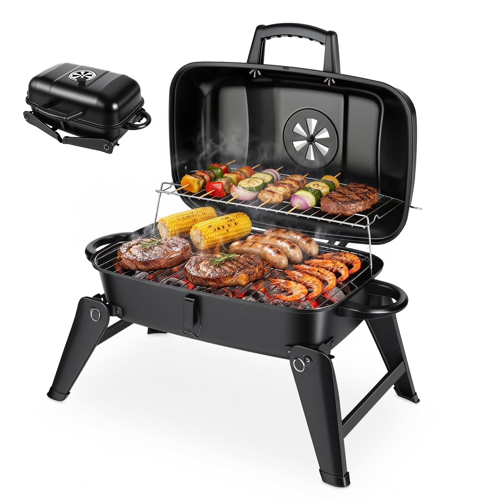 ERWEY Grill kempingowy, przenośny grill na węgiel drzewny, funkcja 2 w 1 jako grill i piekarnik, grill składany z drewnianą rączką do użytku na kempingu, na świeżym powietrzu i w ogrodzie, czarny