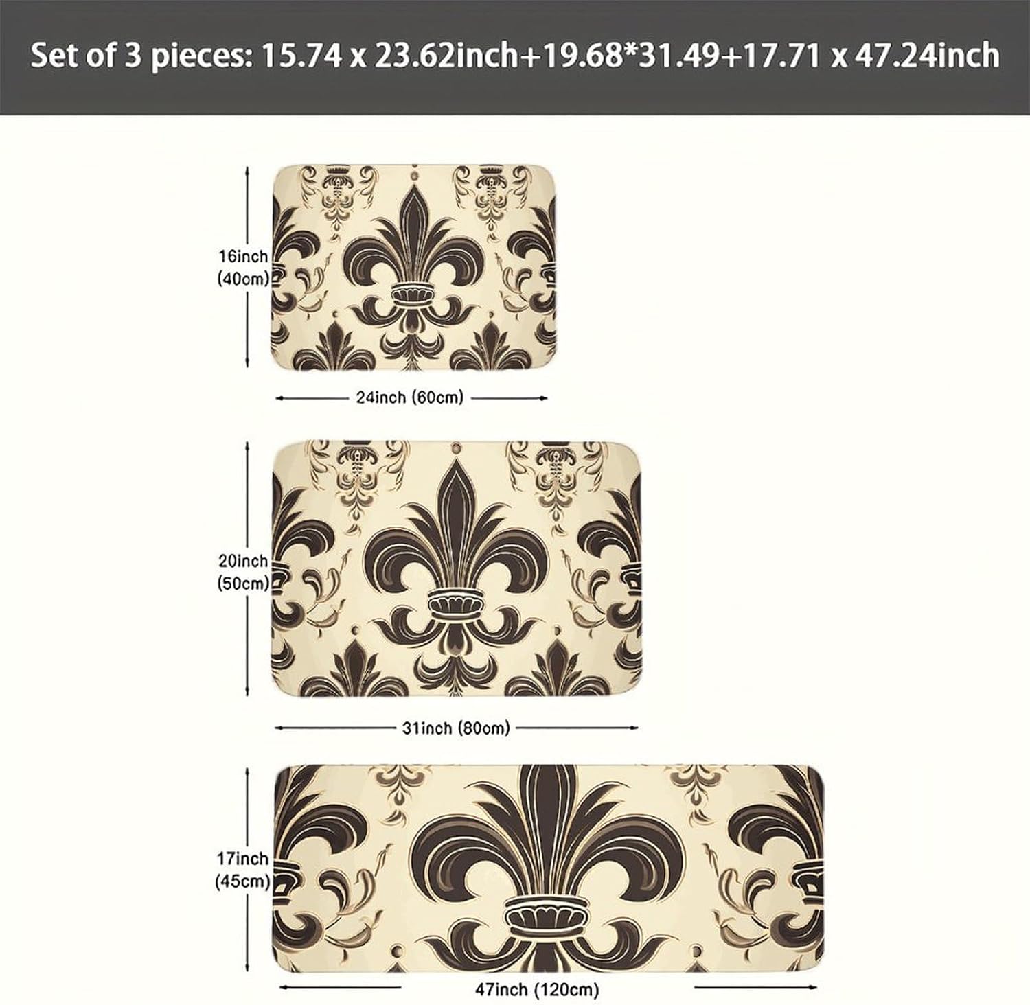 Fleur-de-Lis and Coat Arms Knight Kitchen Mats for Floor 3 Pcs Kitchen Rugs