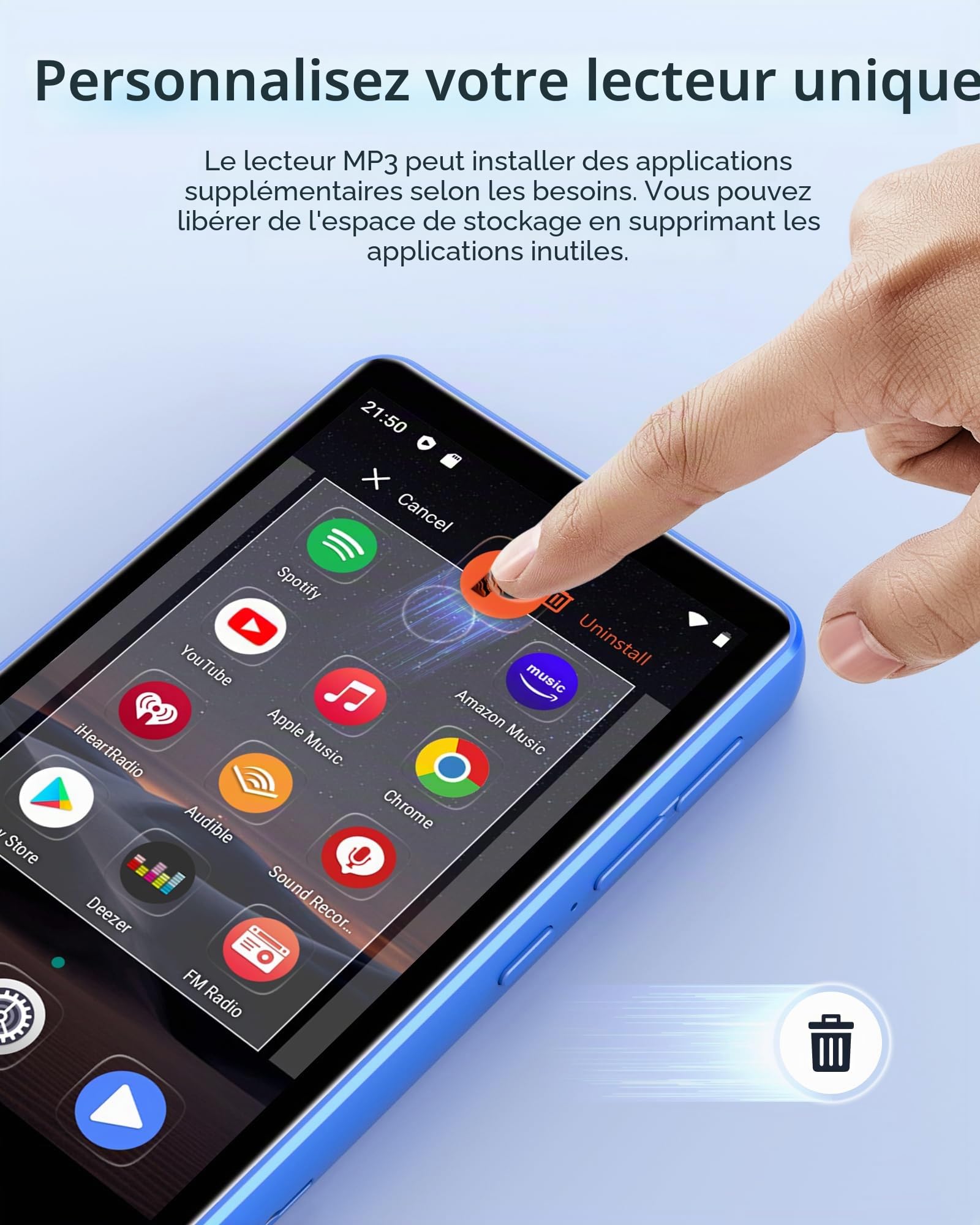 Lecteur MP3 Bluetooth et Wi-FI, Lecteur MP4 à Écran Tactile 4 Pouces | 80 Go Lecteur MP3 Spotify Extensible à 512 Go, avec Android, Amazon Music, Radio FM, Dictaphone, eBook, Bleu