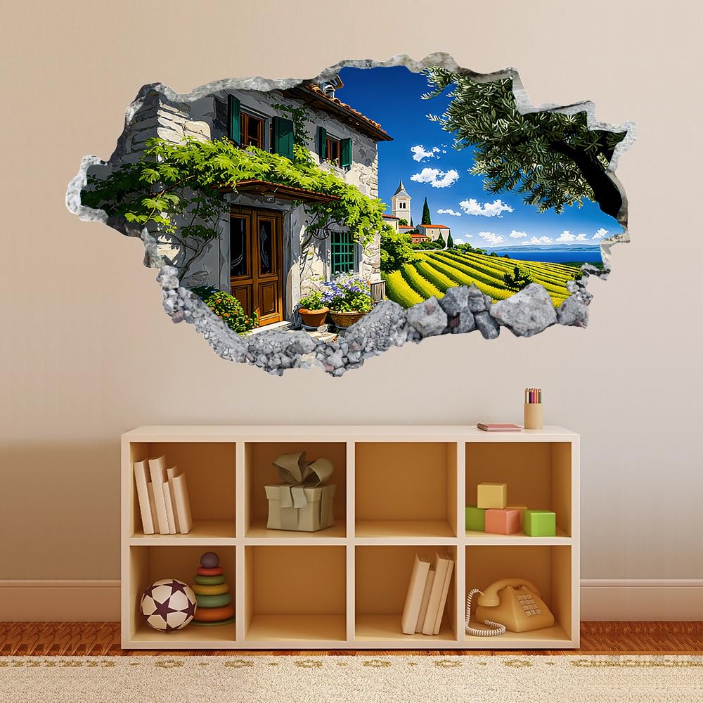 Wandtattoo 3D Durchbruch Hausbaum Wandsticker Wanddekoration selbstklebend Ländliche Frühlingslandschaft Wandaufkleber Deko Schlafzimmer Wohnzimmer Kinderzimmer Kunst Wohnkultur Wandbilder