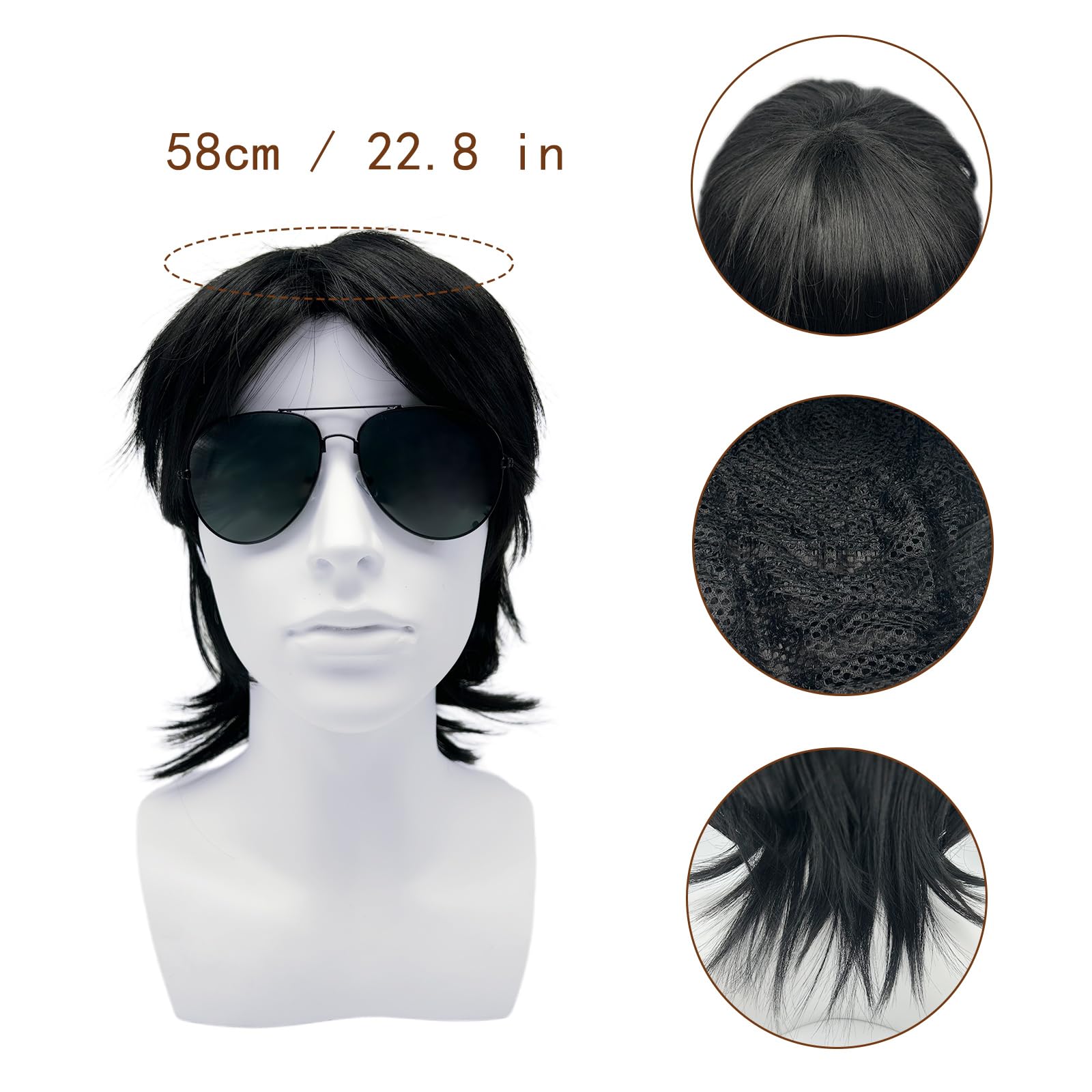 Nero Parrucca Mullet Uomo e Occhiali da Sole per Adulti, Naturali a Strati Corti Parrucca da Festa Halloween Carnaval Discoteca Fête de Cheveux Synthétique con Frangia pour Cosplay Carnaval