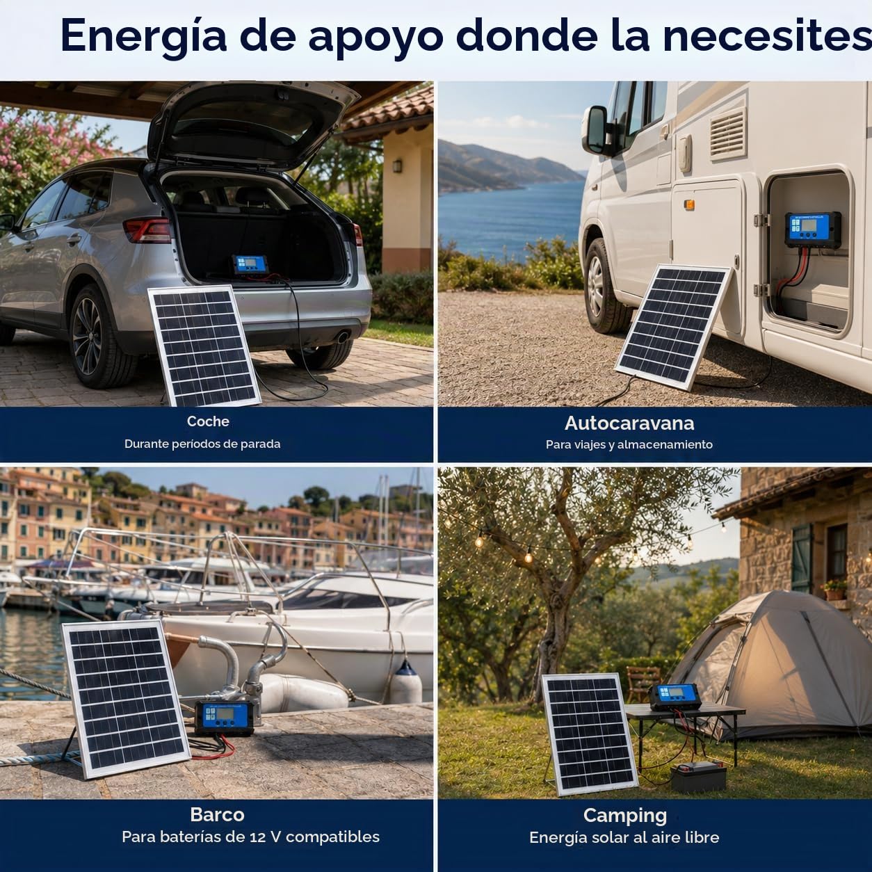 Cargador Solar 30W 12V para Baterías, Panel Solar con Controlador LCD 40A y 2 Puertos USB, Kit de Mantenimiento para Coche, Caravana, Barco, Moto y Camping, con Pinzas y Adaptador de Mechero