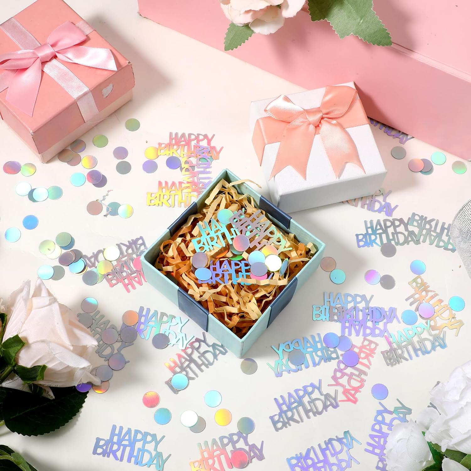 540 PCS Happy Birthday Confetti, Iridescent Party Confetti Glitter Table Scatter Iridescent Party Decorations for DIY Arts Crafting Baby Shower Birthday Parties