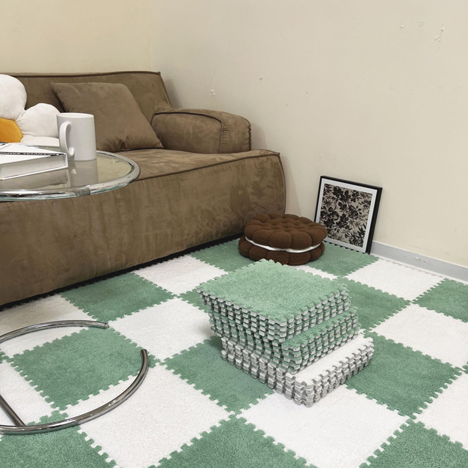 Tappetini In Schiuma Puzzle Da 60 Pezzi, Piastrelle In Moquette Ad Incastro In Peluche, Tappeto Morbido Per Area Puzzle, Mantieni Caldo, Casa, 12X12 Pollici (Verde+Bianco 0,23 Pollici)
